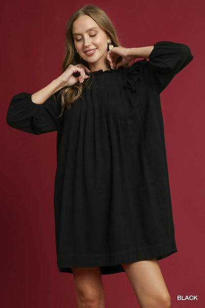 Umgee Linen Ruffle Shoulder Pleated Babydoll Dress