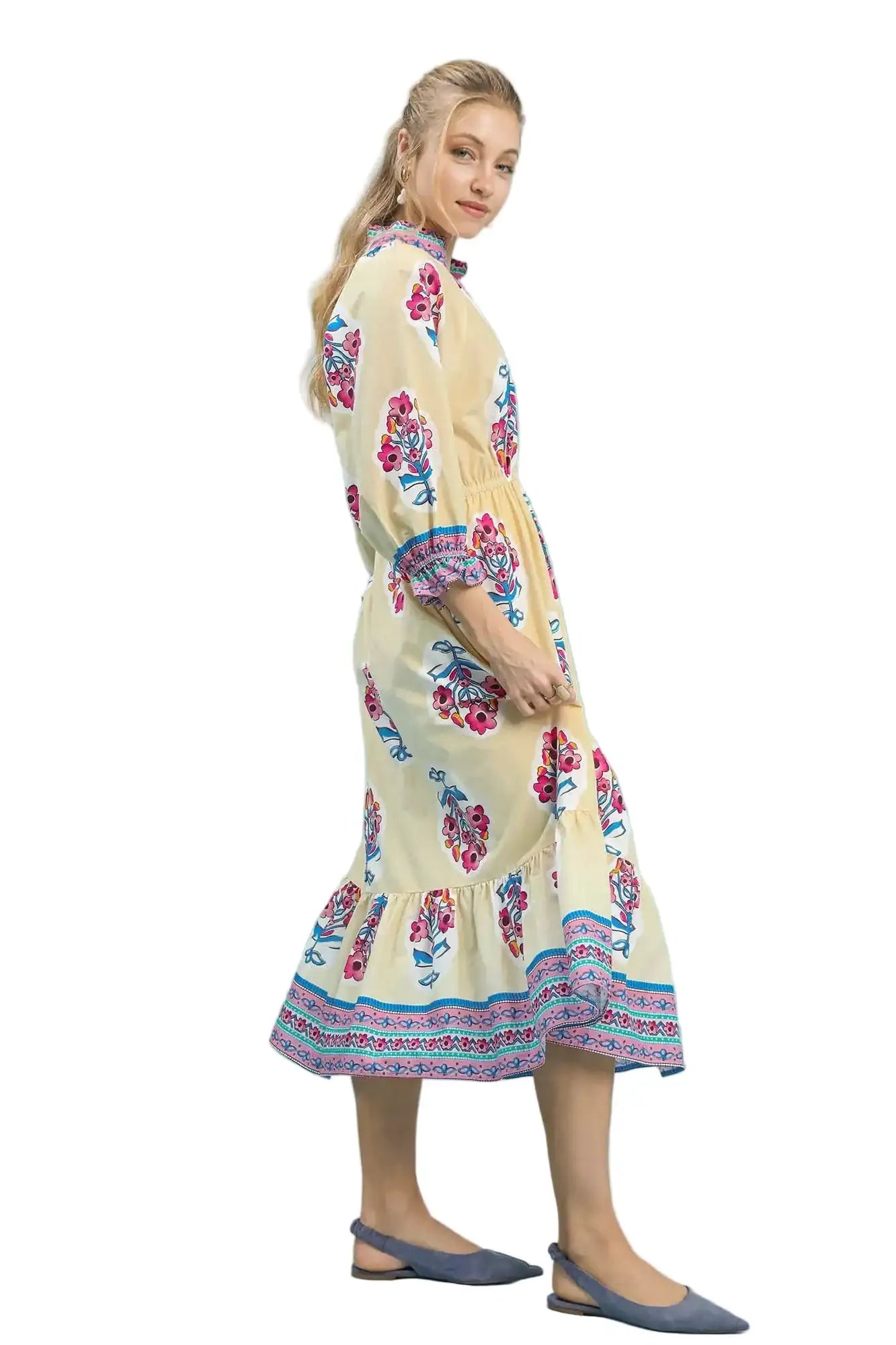 Umgee Flower Patch Border Print Midi Dress