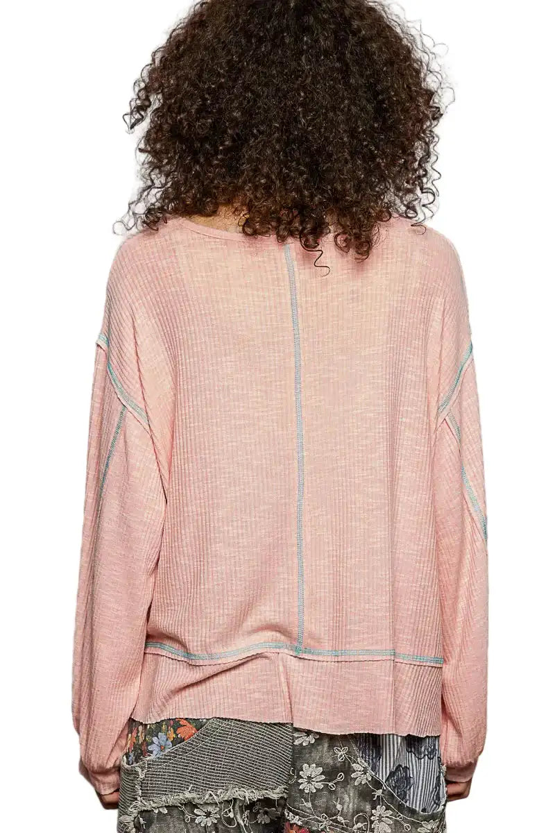 POL Round Neck Long Sleeve Exposed Seam Top with Chest Pocket