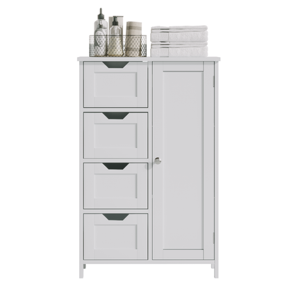 Bathroom Storage Cabinet with 4 Drawers and 1 Door, Freestanding Wooden Floor Organizer for Bathroom, Narrow Storage Cabinet for Small Spaces, Entryway, Living Room or Hallway, White