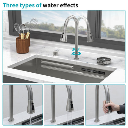 33" Undermount Waterfall Kitchen Sink – Brushed Nickel | 16G T304 Stainless Steel | Single Bowl with Pull-Down Faucet & Workstation Ledge