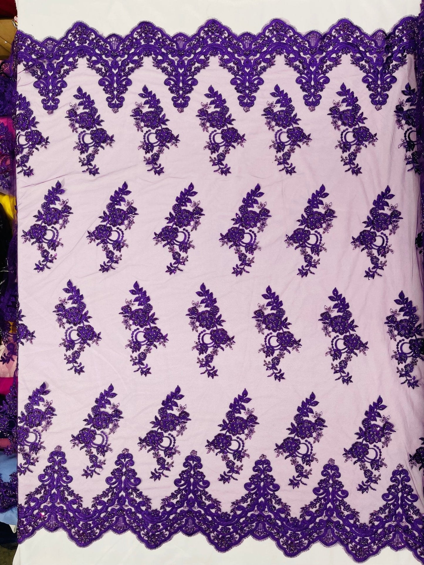 Elegant Beaded Floral Lace on Mesh 54" Wide | New Creation Fabric & Foam Inc.