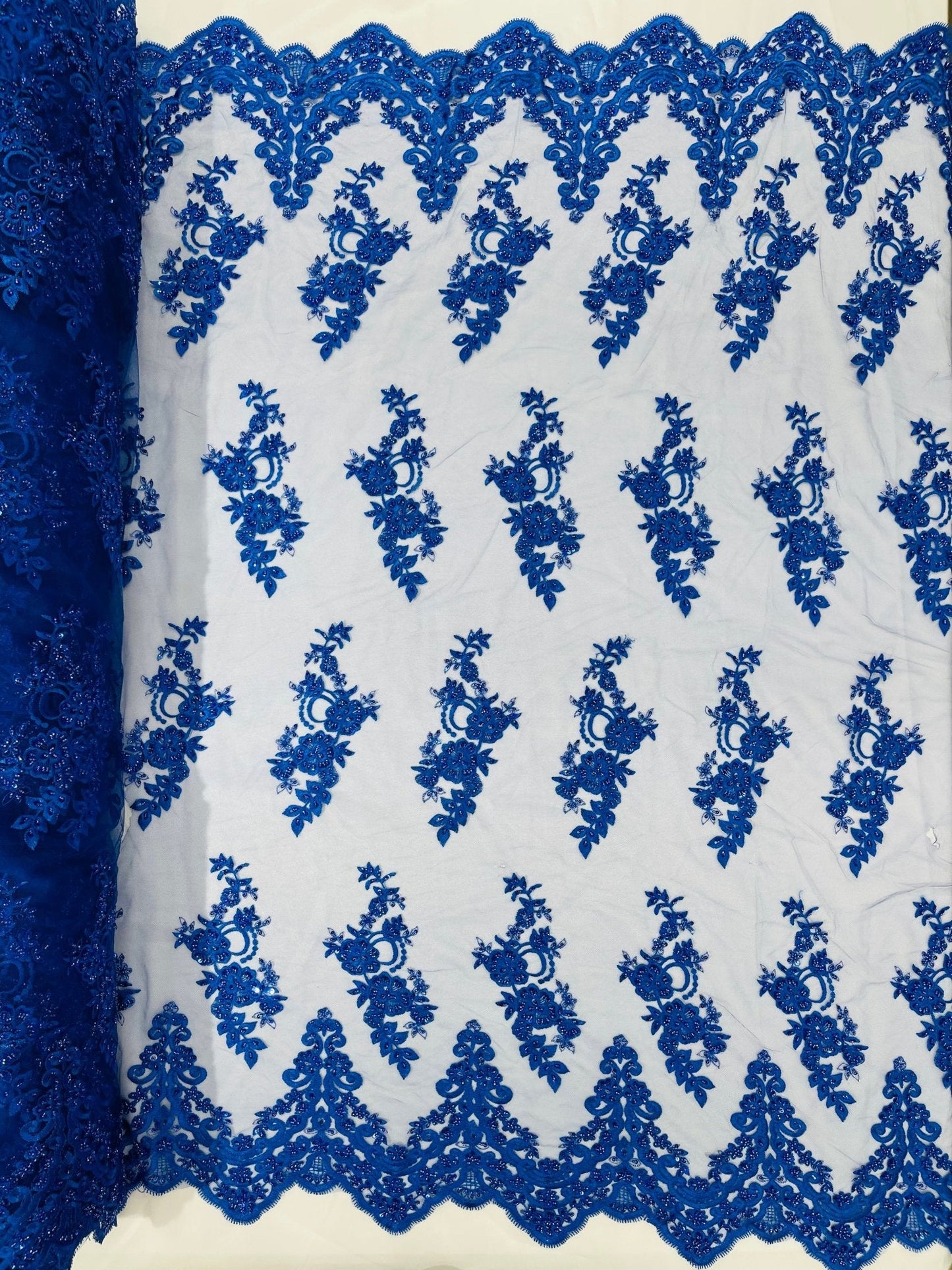 Elegant Beaded Floral Lace on Mesh 54" Wide | New Creation Fabric & Foam Inc.