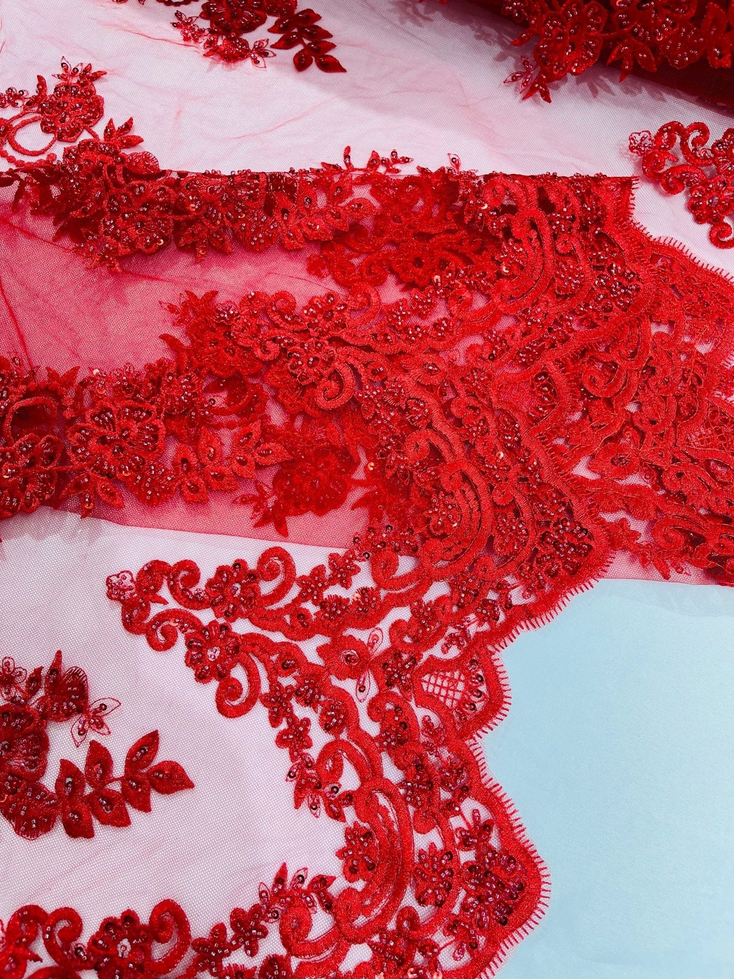 Elegant Beaded Floral Lace on Mesh 54" Wide | New Creation Fabric & Foam Inc.