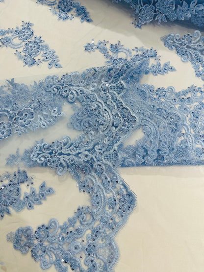 Elegant Beaded Floral Lace on Mesh 54" Wide | New Creation Fabric & Foam Inc.