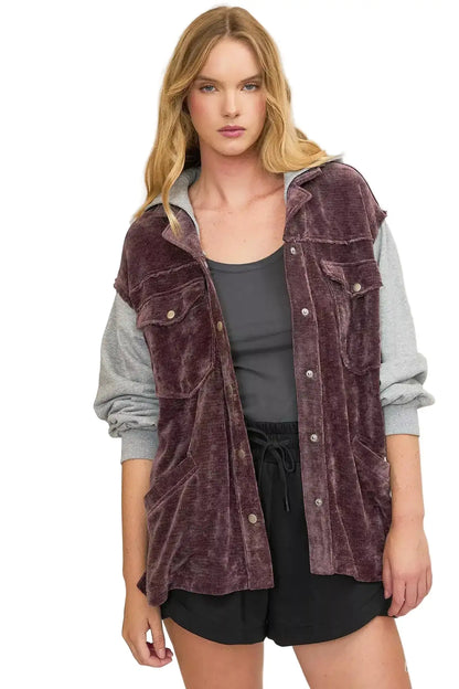 Umgee Contrast Hooded Chenille Jacket