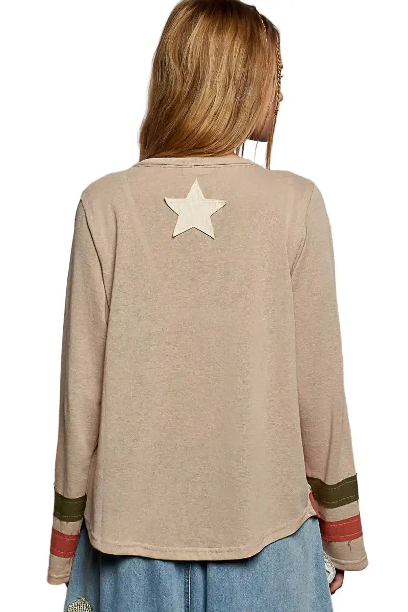 POL Double Gauze American Flag Patch V-Neck Long Sleeve T-Shirt