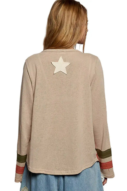 POL Double Gauze American Flag Patch V-Neck Long Sleeve T-Shirt