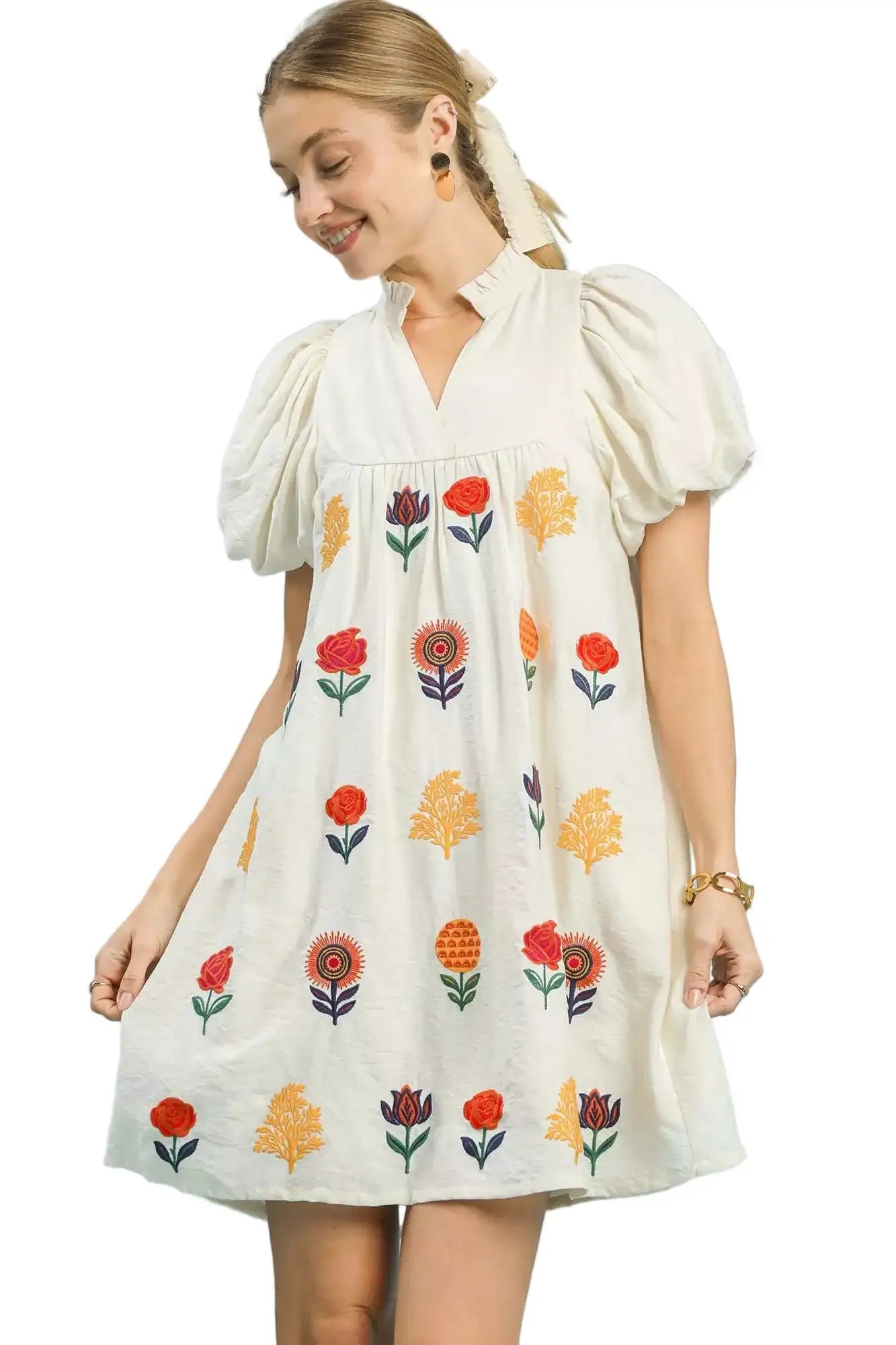 Umgee Floral Embroidered Puff Sleeve Mini Dress