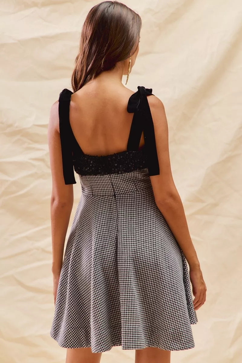 SO ME Houndstooth Fit Flare Mini Dress with Shoulder Tie