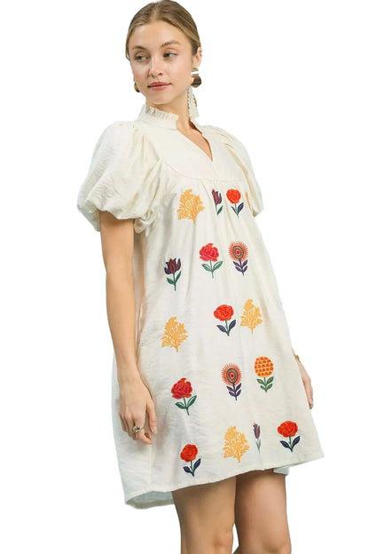 Umgee Floral Embroidered Puff Sleeve Mini Dress