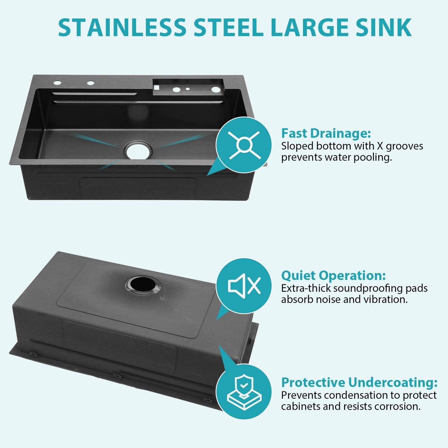 33" Gunmetal Black Kitchen Sink – 16G T304 Stainless Steel | Waterfall Faucet, Workstation Ledge, Top Mount