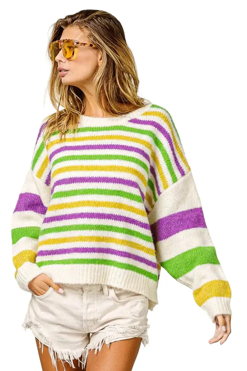 BiBi Mardi Gras Colors Stripe Comfy Sweater