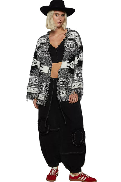 POL Open Front Geometric Print Cardigan with Fringe Detail
