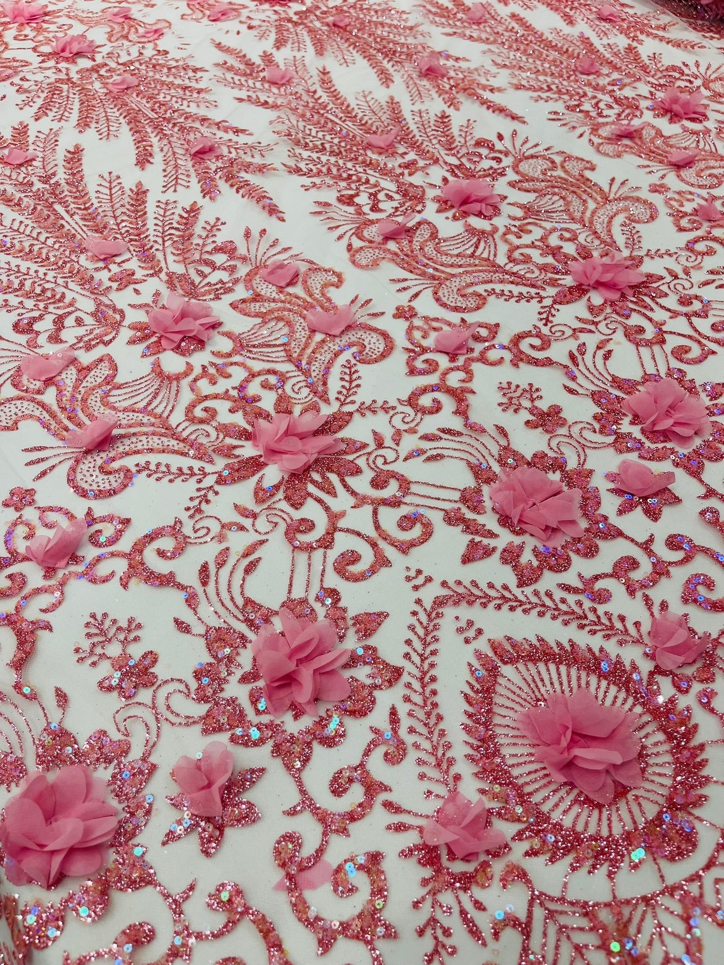 Floral 3D Palm Damask with Glitter in a Mesh Lace| New Creations Fabric & Foam Inc.