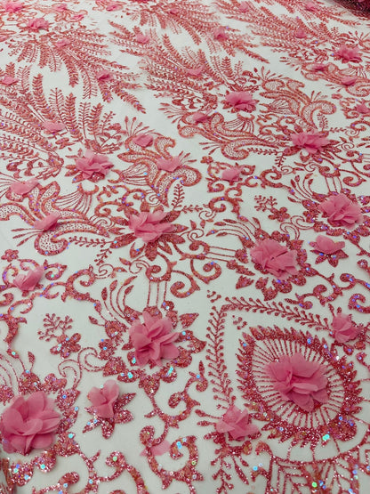 Floral 3D Palm Damask with Glitter in a Mesh Lace| New Creations Fabric & Foam Inc.