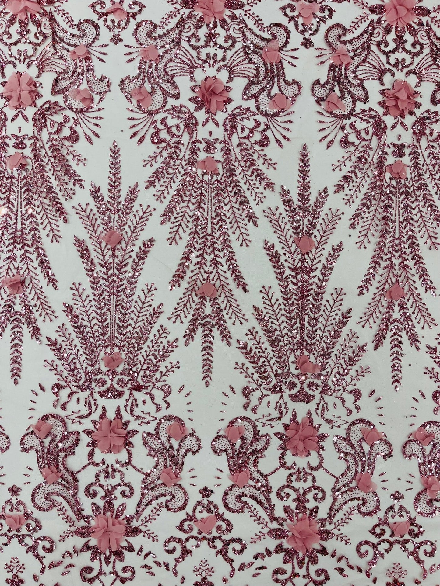 Floral 3D Palm Damask with Glitter in a Mesh Lace| New Creations Fabric & Foam Inc.