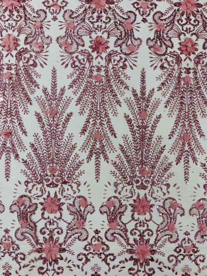 Floral 3D Palm Damask with Glitter in a Mesh Lace| New Creations Fabric & Foam Inc.