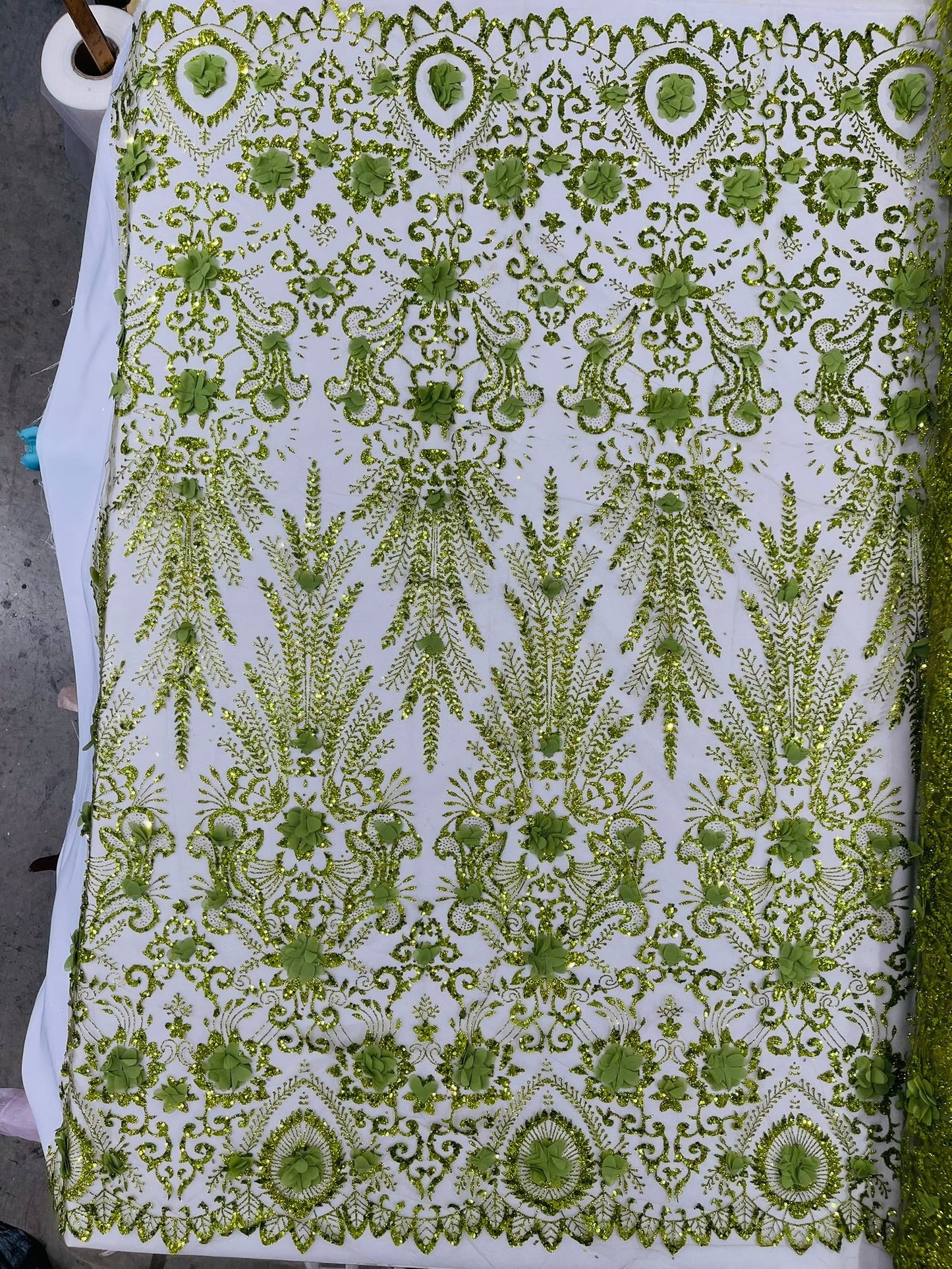 Floral 3D Palm Damask with Glitter in a Mesh Lace| New Creations Fabric & Foam Inc.