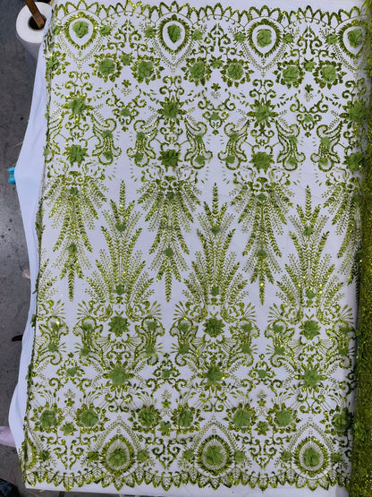 Floral 3D Palm Damask with Glitter in a Mesh Lace| New Creations Fabric & Foam Inc.