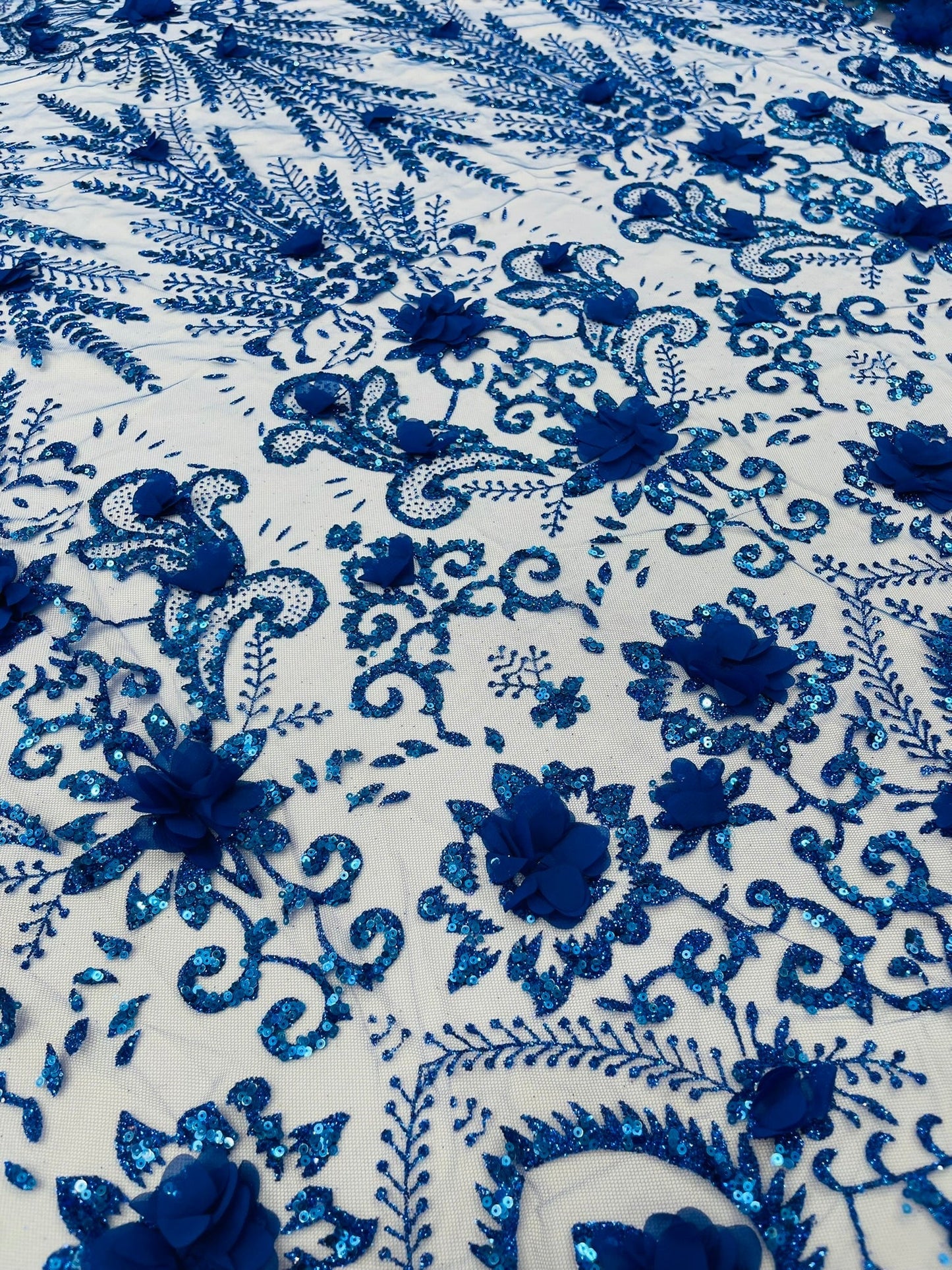 Floral 3D Palm Damask with Glitter in a Mesh Lace| New Creations Fabric & Foam Inc.