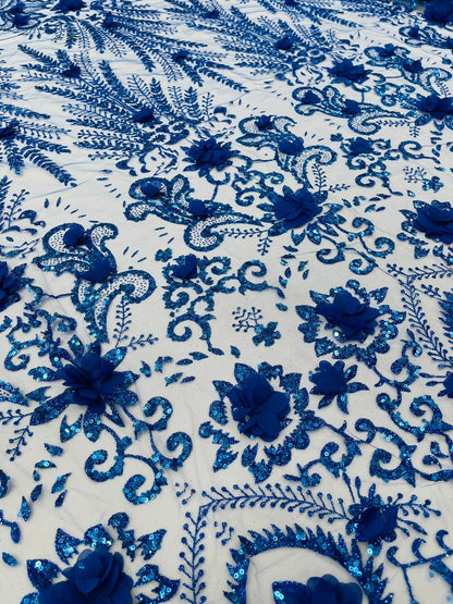 Floral 3D Palm Damask with Glitter in a Mesh Lace| New Creations Fabric & Foam Inc.