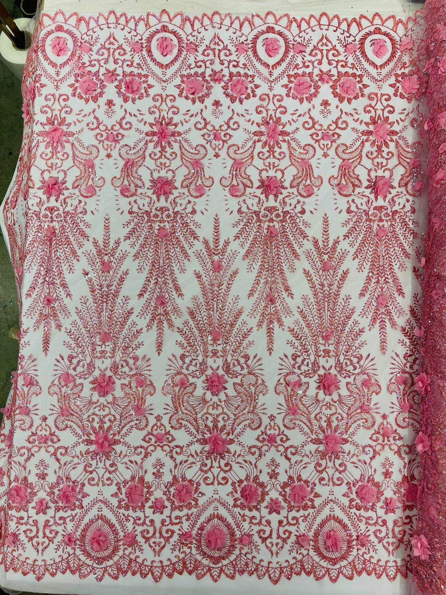 Floral 3D Palm Damask with Glitter in a Mesh Lace| New Creations Fabric & Foam Inc.