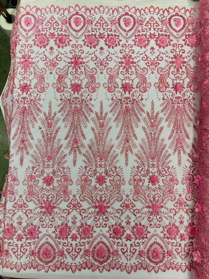 Floral 3D Palm Damask with Glitter in a Mesh Lace| New Creations Fabric & Foam Inc.
