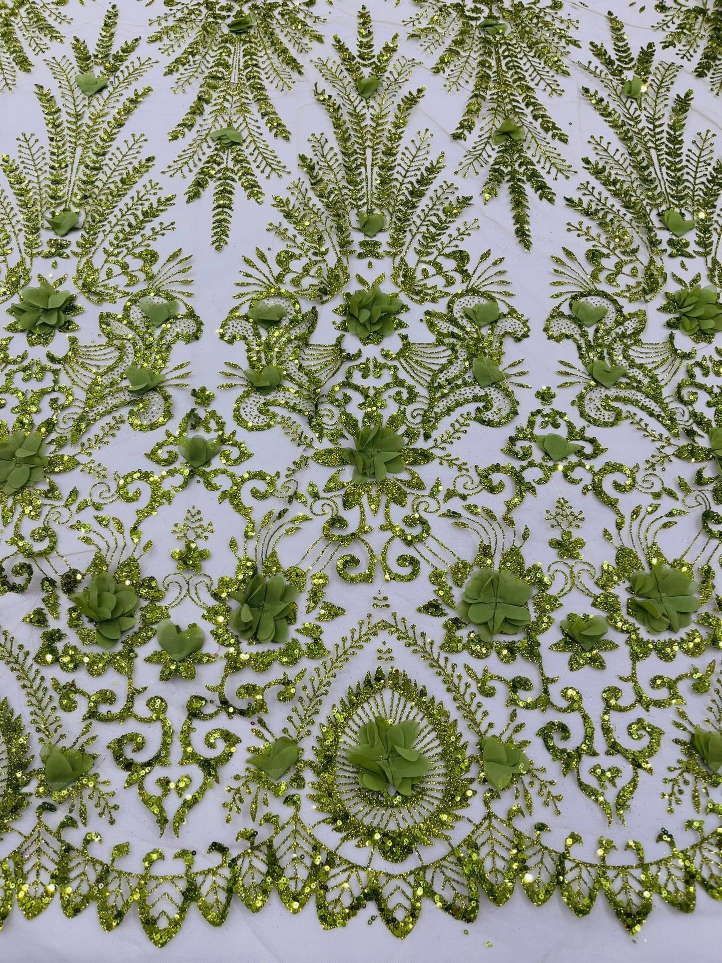 Floral 3D Palm Damask with Glitter in a Mesh Lace| New Creations Fabric & Foam Inc.