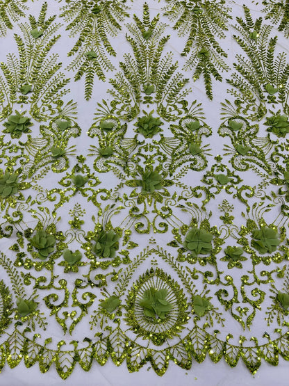 Floral 3D Palm Damask with Glitter in a Mesh Lace| New Creations Fabric & Foam Inc.