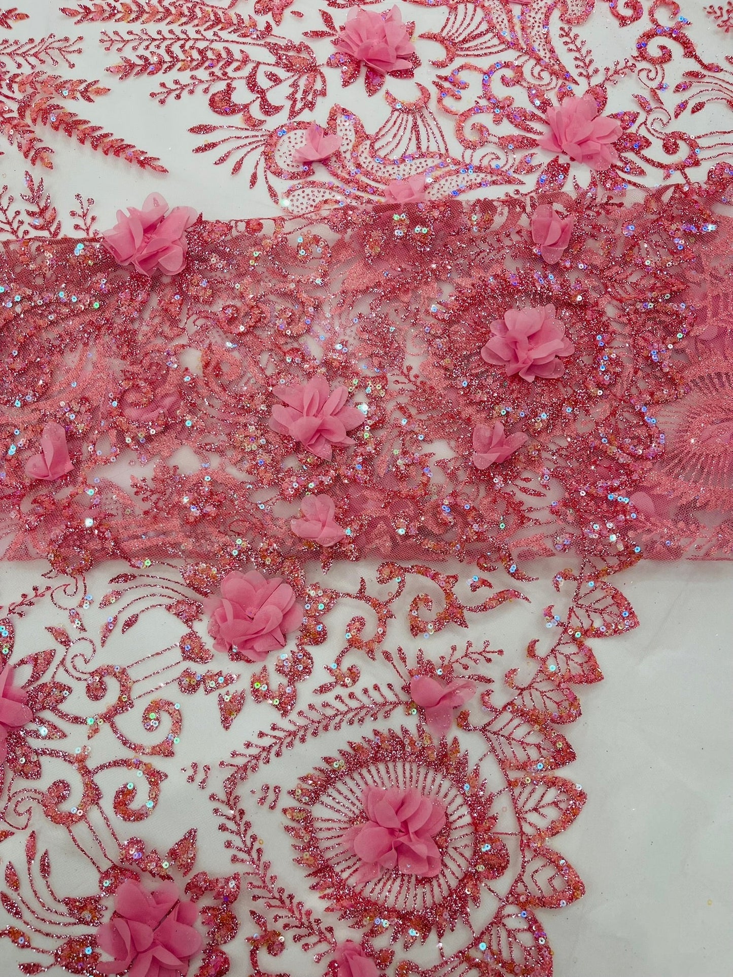 Floral 3D Palm Damask with Glitter in a Mesh Lace| New Creations Fabric & Foam Inc.