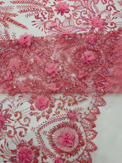 Floral 3D Palm Damask with Glitter in a Mesh Lace| New Creations Fabric & Foam Inc.