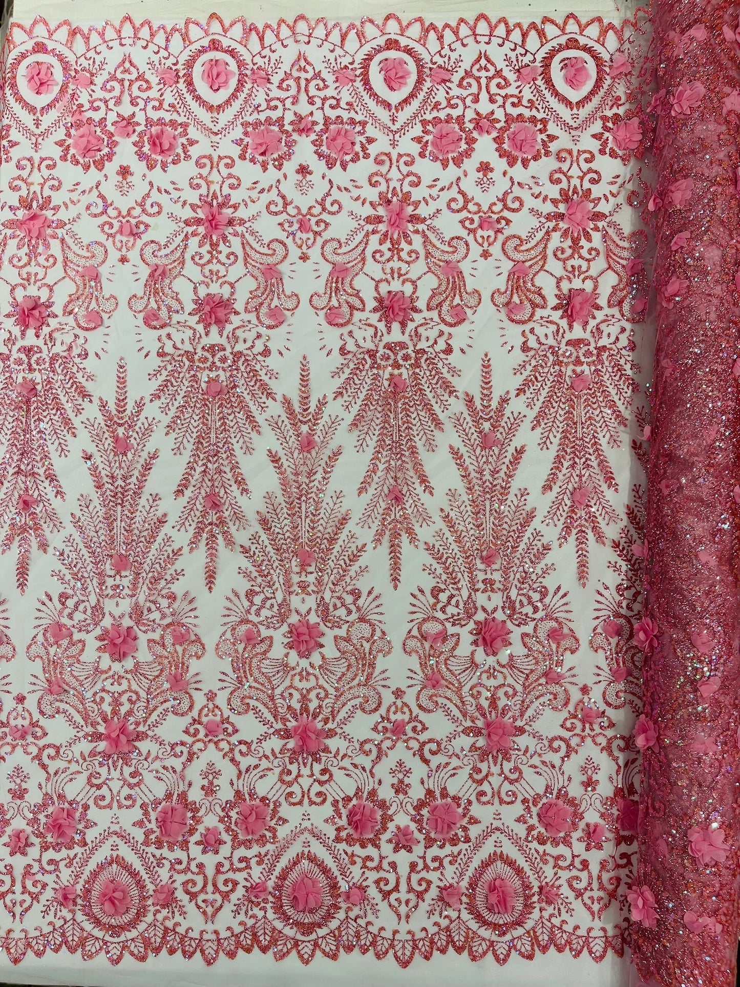Floral 3D Palm Damask with Glitter in a Mesh Lace| New Creations Fabric & Foam Inc.