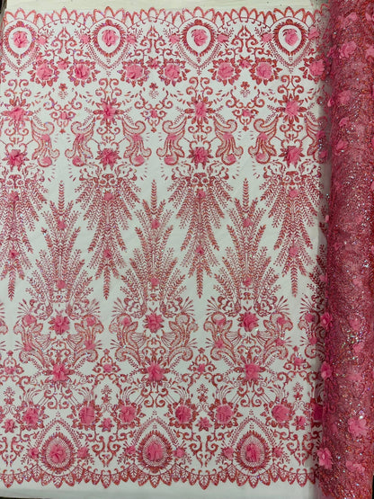Floral 3D Palm Damask with Glitter in a Mesh Lace| New Creations Fabric & Foam Inc.