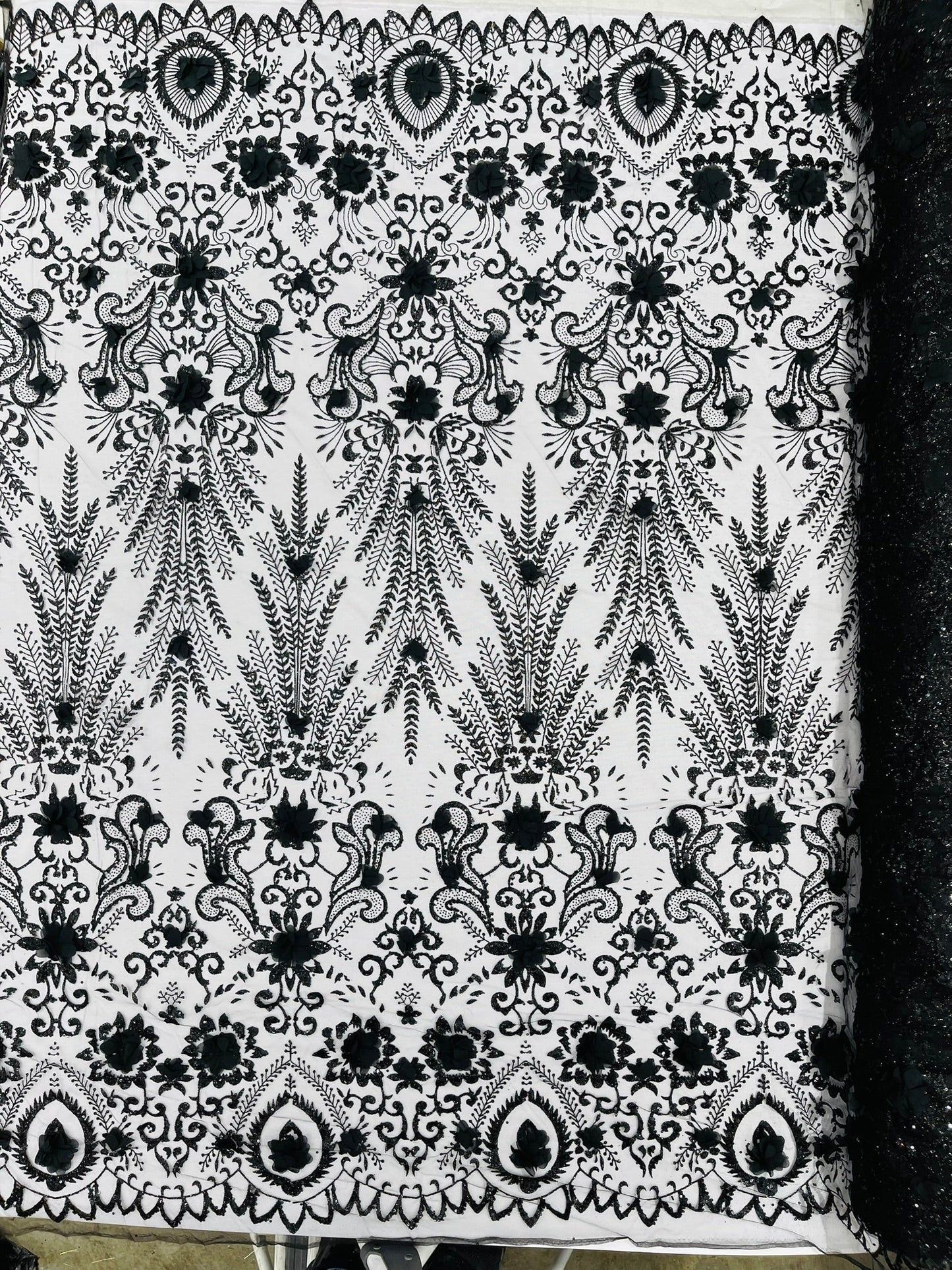 Floral 3D Palm Damask with Glitter in a Mesh Lace| New Creations Fabric & Foam Inc.