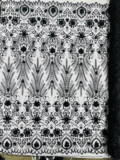 Floral 3D Palm Damask with Glitter in a Mesh Lace| New Creations Fabric & Foam Inc.