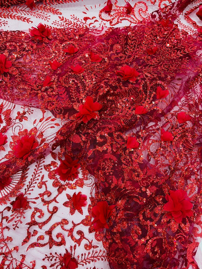 Floral 3D Palm Damask with Glitter in a Mesh Lace| New Creations Fabric & Foam Inc.
