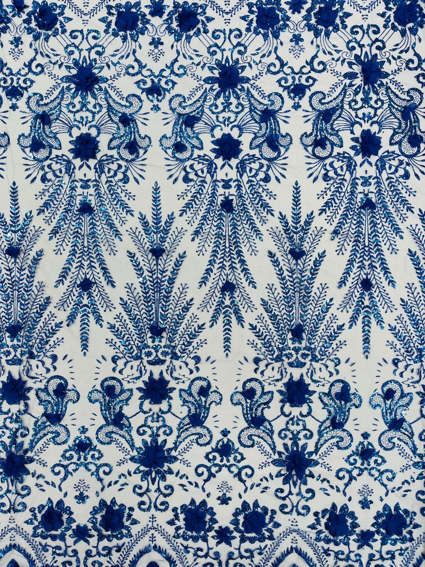 Floral 3D Palm Damask with Glitter in a Mesh Lace| New Creations Fabric & Foam Inc.