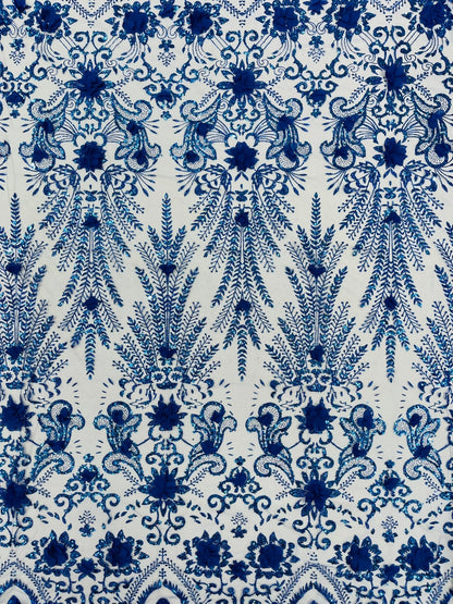 Floral 3D Palm Damask with Glitter in a Mesh Lace| New Creations Fabric & Foam Inc.
