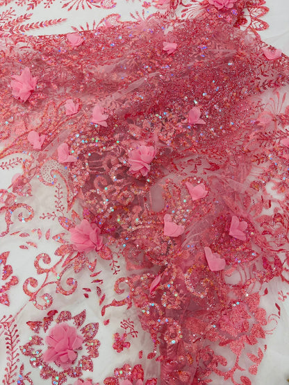 Floral 3D Palm Damask with Glitter in a Mesh Lace| New Creations Fabric & Foam Inc.