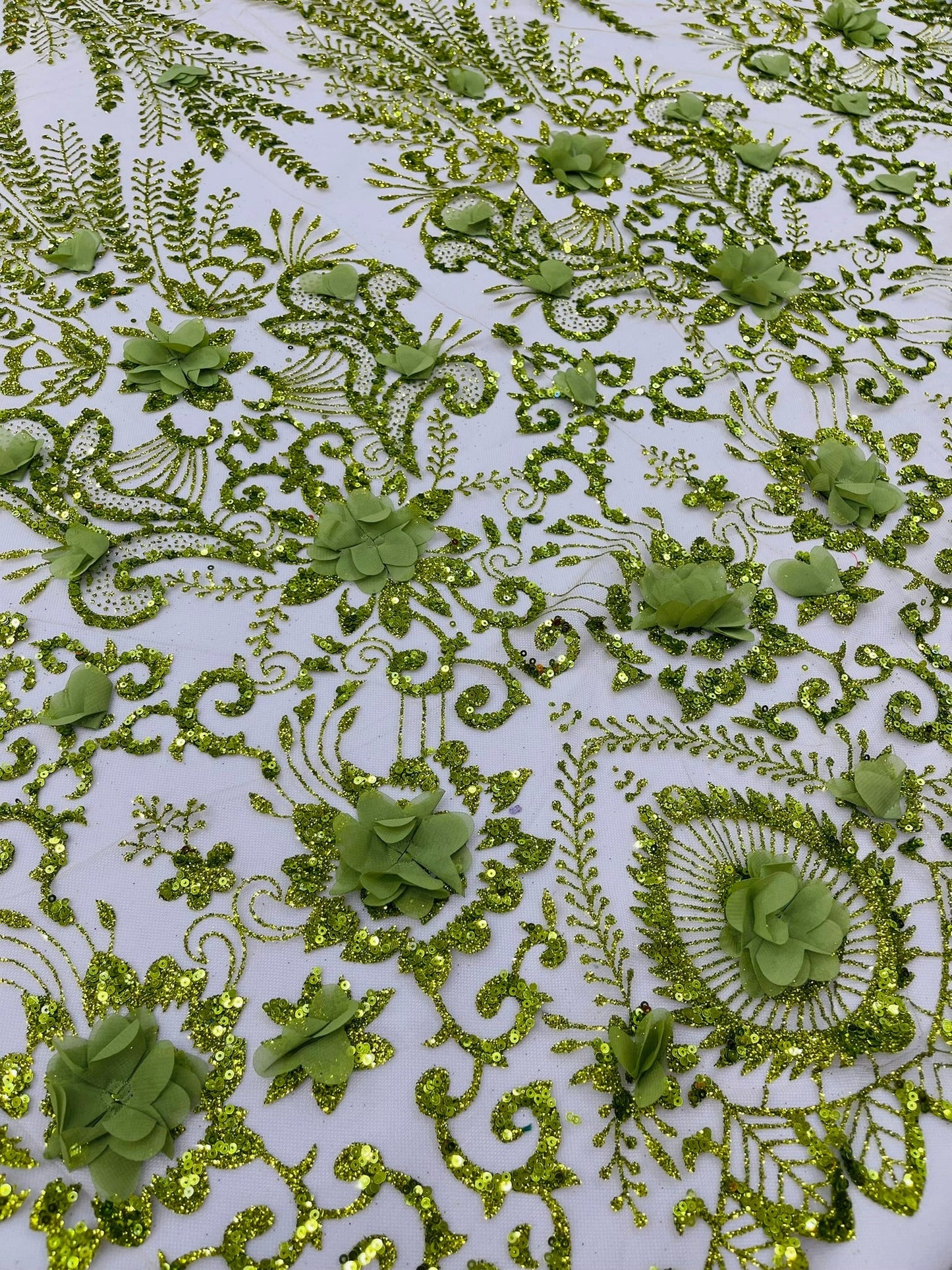 Floral 3D Palm Damask with Glitter in a Mesh Lace| New Creations Fabric & Foam Inc.
