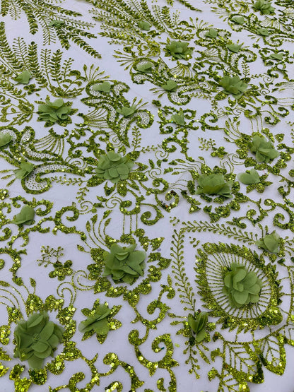 Floral 3D Palm Damask with Glitter in a Mesh Lace| New Creations Fabric & Foam Inc.