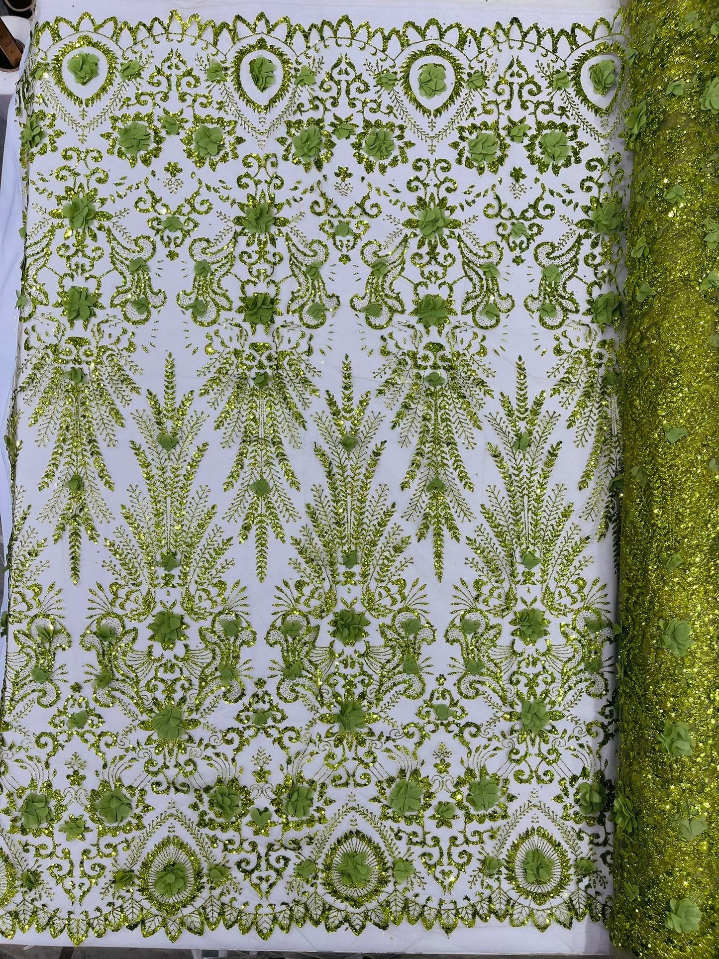 Floral 3D Palm Damask with Glitter in a Mesh Lace| New Creations Fabric & Foam Inc.