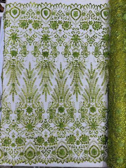 Floral 3D Palm Damask with Glitter in a Mesh Lace| New Creations Fabric & Foam Inc.