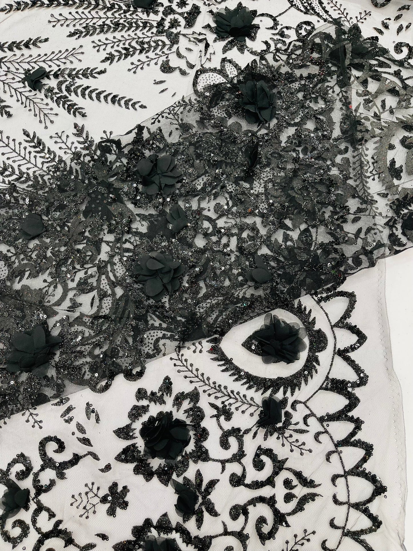 Floral 3D Palm Damask with Glitter in a Mesh Lace| New Creations Fabric & Foam Inc.
