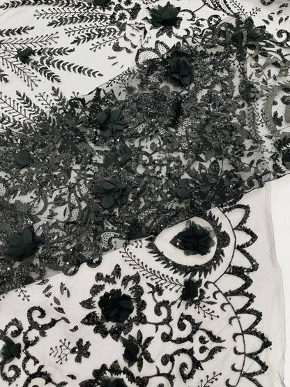 Floral 3D Palm Damask with Glitter in a Mesh Lace| New Creations Fabric & Foam Inc.