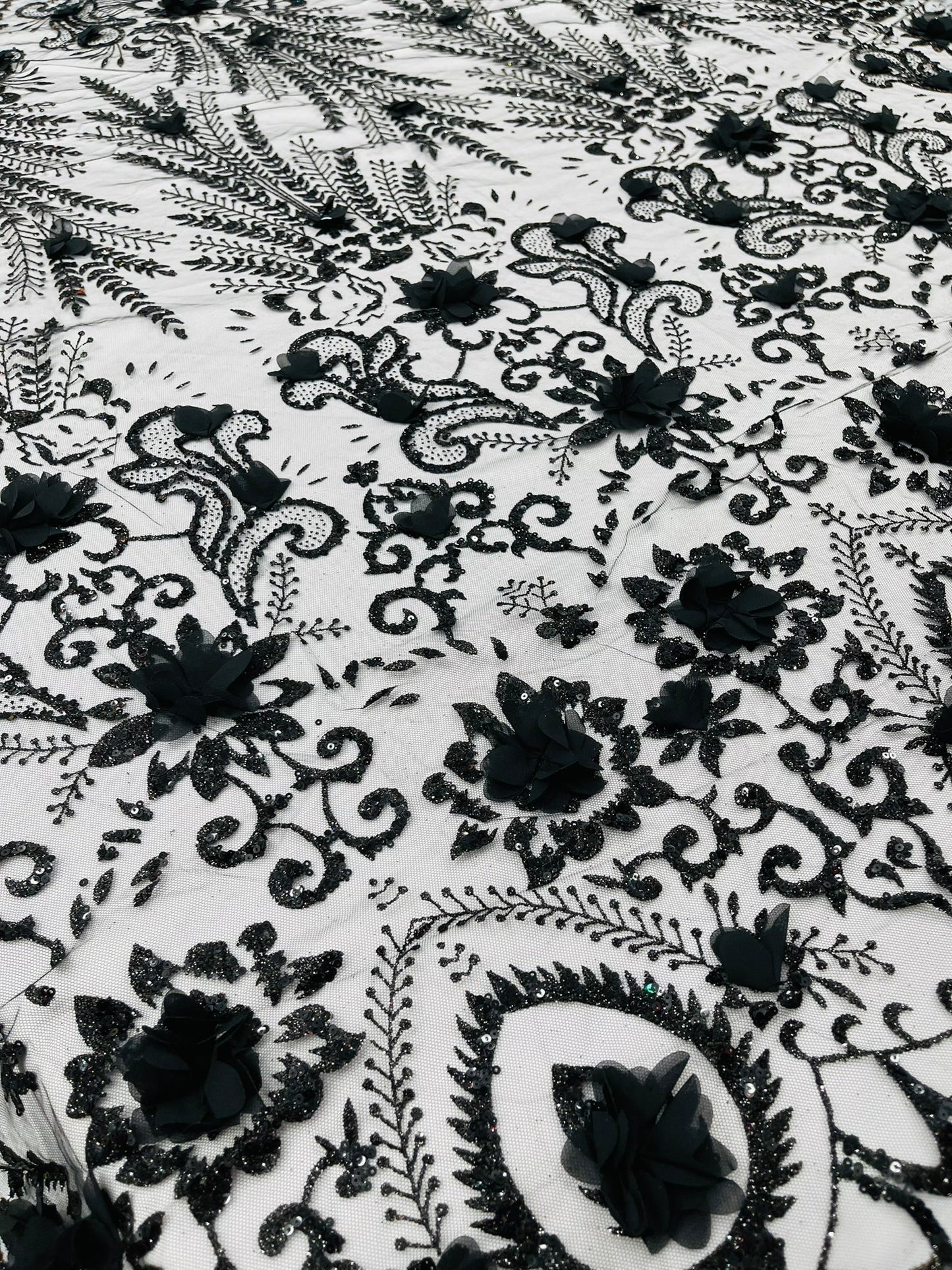 Floral 3D Palm Damask with Glitter in a Mesh Lace| New Creations Fabric & Foam Inc.