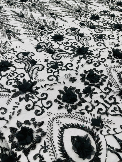 Floral 3D Palm Damask with Glitter in a Mesh Lace| New Creations Fabric & Foam Inc.