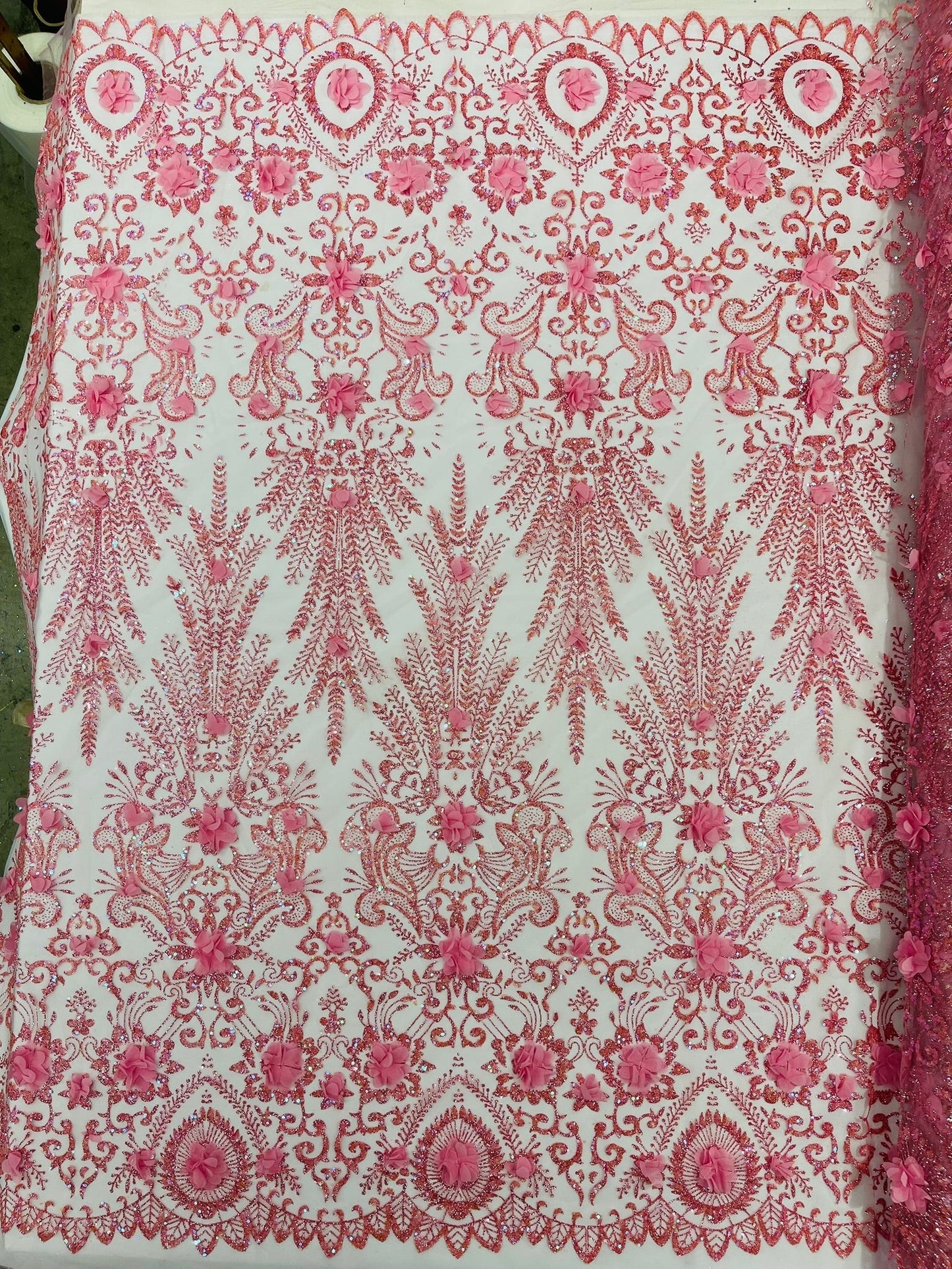 Floral 3D Palm Damask with Glitter in a Mesh Lace| New Creations Fabric & Foam Inc.