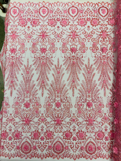 Floral 3D Palm Damask with Glitter in a Mesh Lace| New Creations Fabric & Foam Inc.